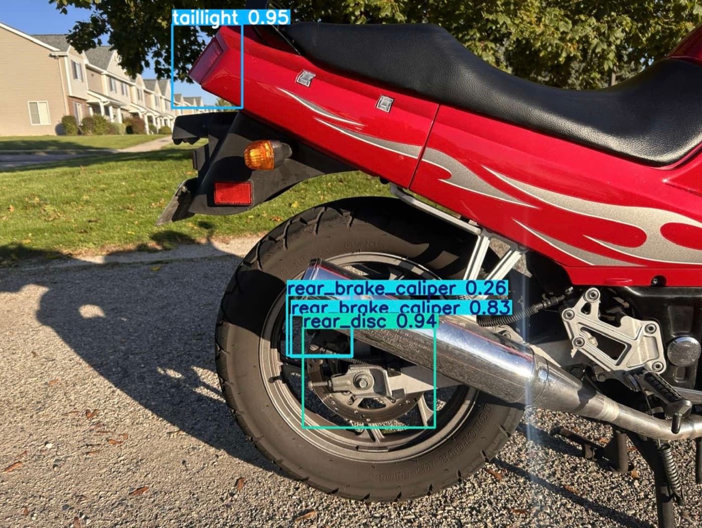 Motorcycle detector output showing taillight, rear brake caliper, and rear disc labels.